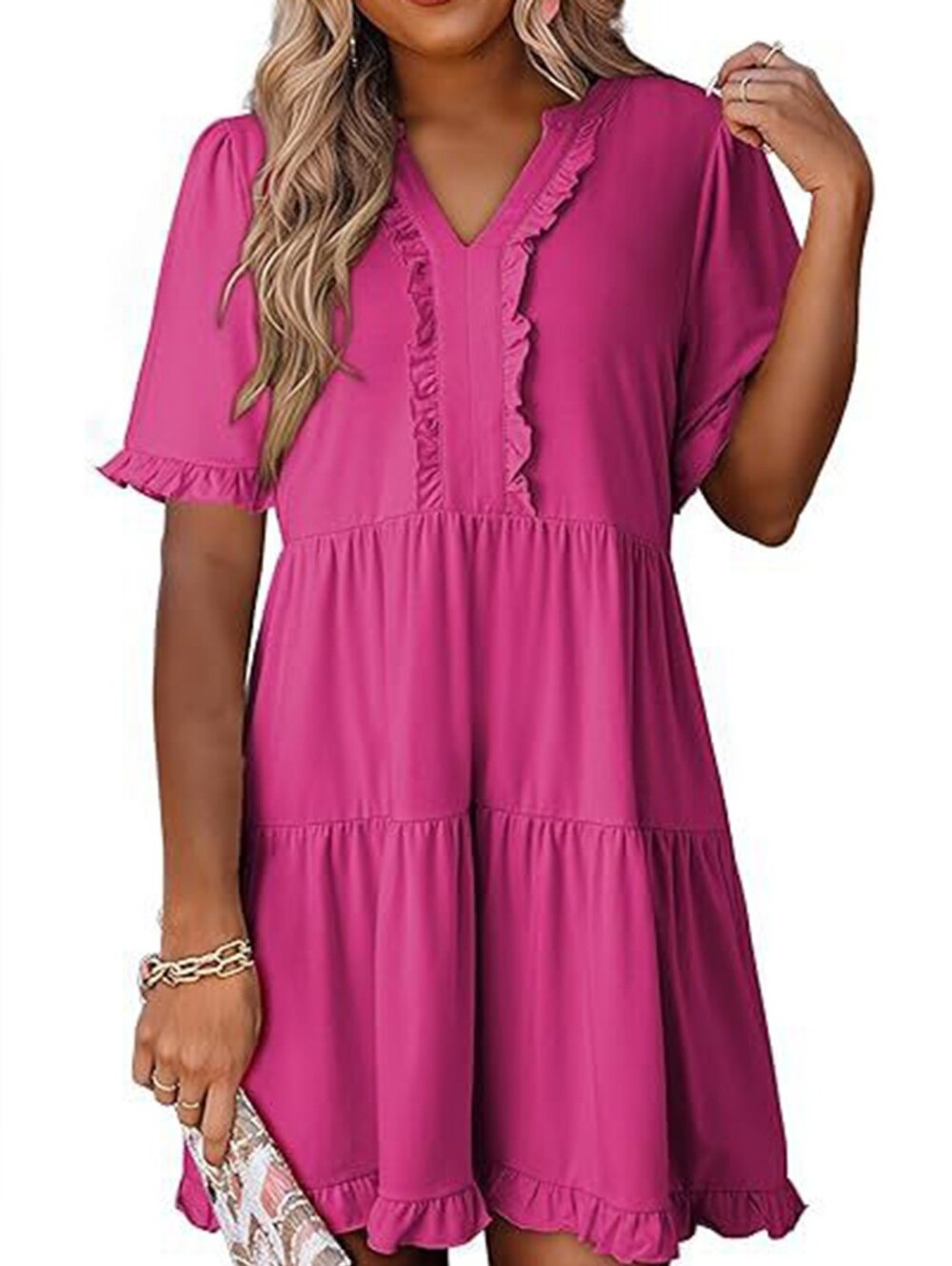 Magenta Ruffle Tiered V-Neck Dress- Full & Plus Sizes